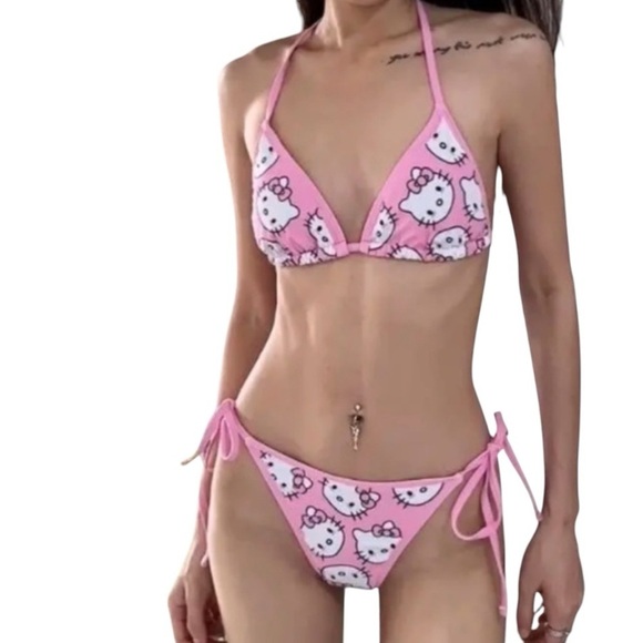 Boutique Hello Kitty 2PC Triangle Bikini Swimsuit Sz. XL JR Pink White Tied Hip - Picture 3 of 7